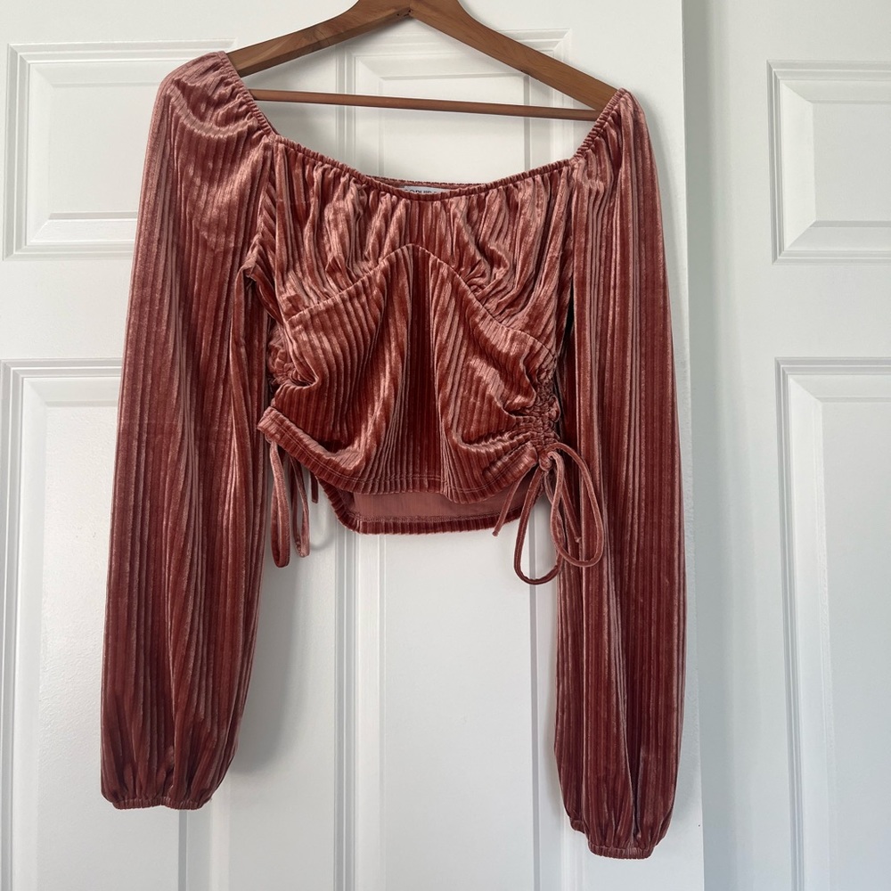 Metallic pink Sophie Rue cropped draw string blouse